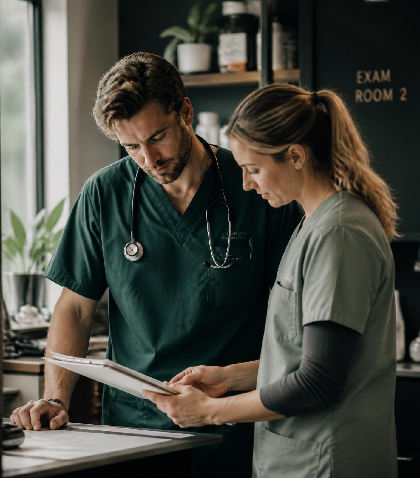 A veterinary team discussing patient notes together in a bright modern practice