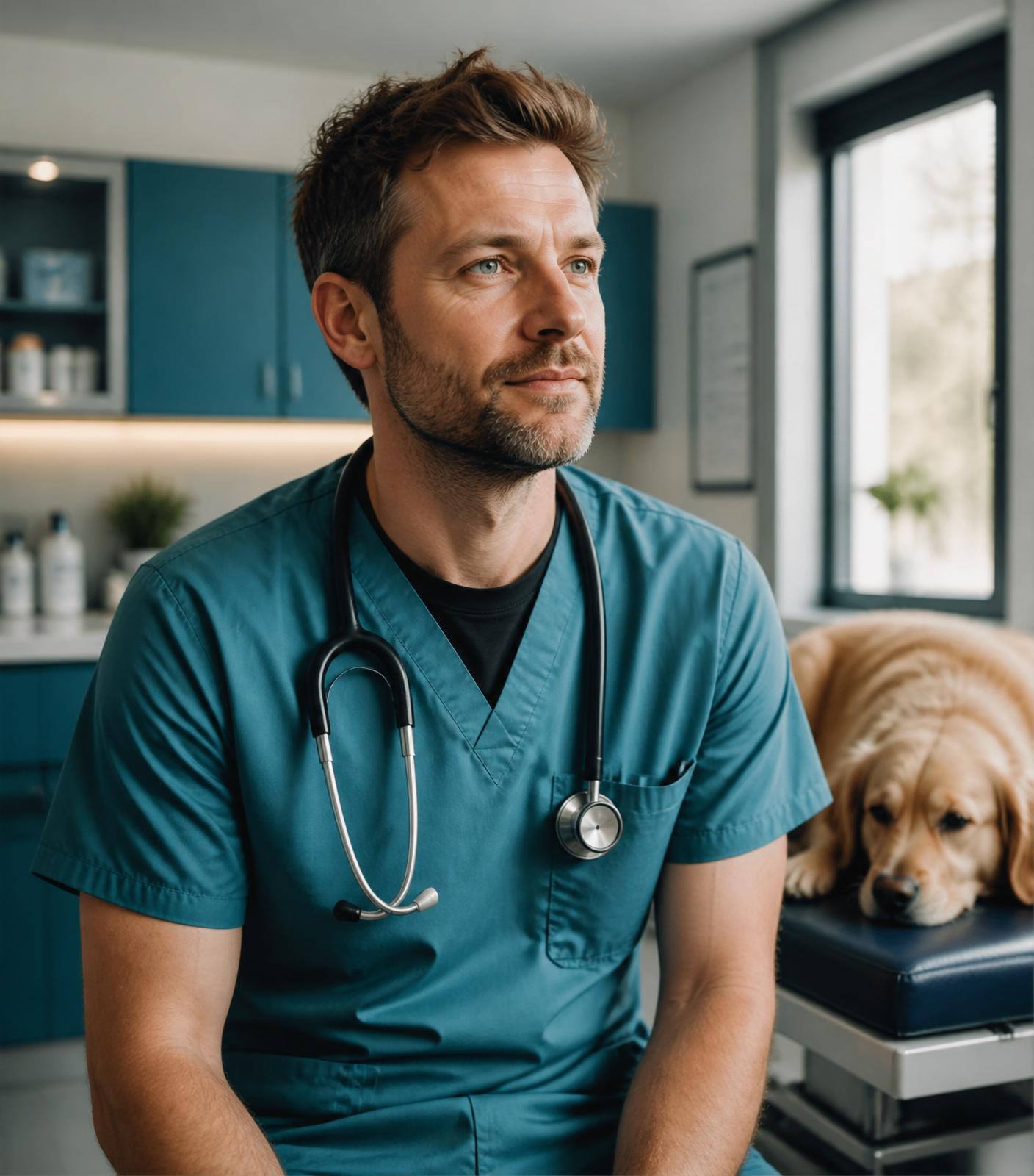 A veterinary surgeon in a moment of thought in a modern practice